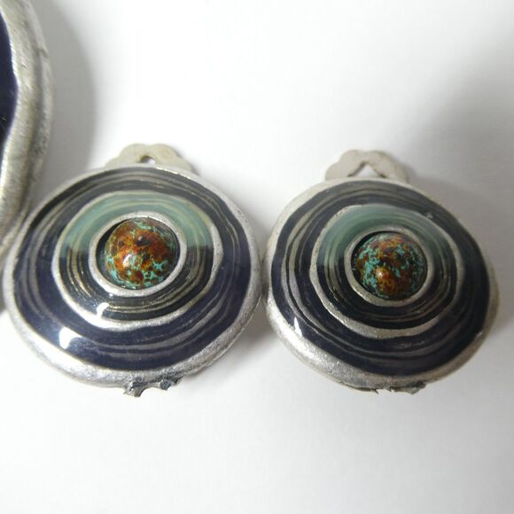 Enamel Jewelry Set Silvertone Pendant & Earrings Vintage Artisan Swirl - Picture 2 of 7